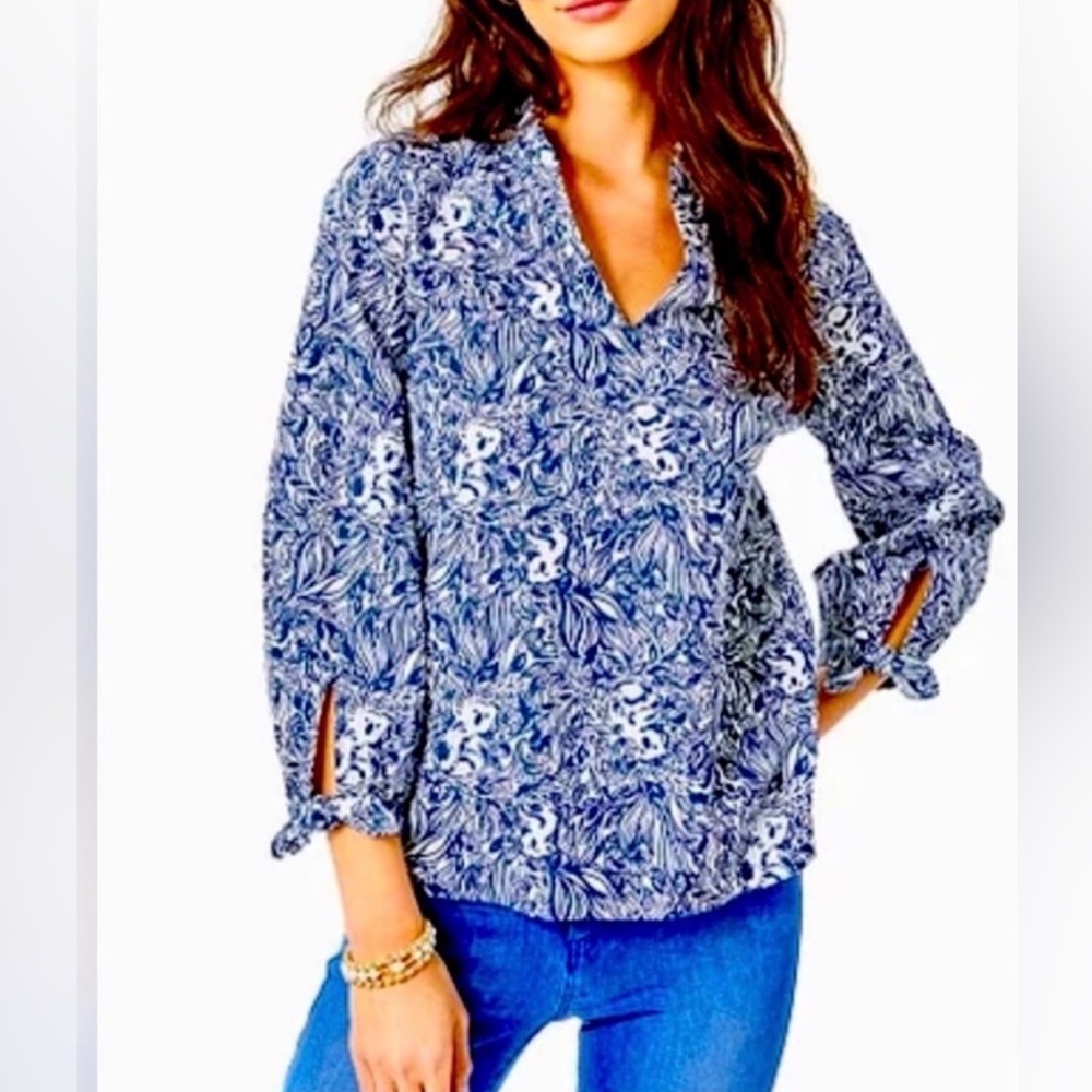 Lilly Pulitzer Sherida Top, Navy/White GDay Mate Print, NWT, Sz. M - Picture 1 of 8